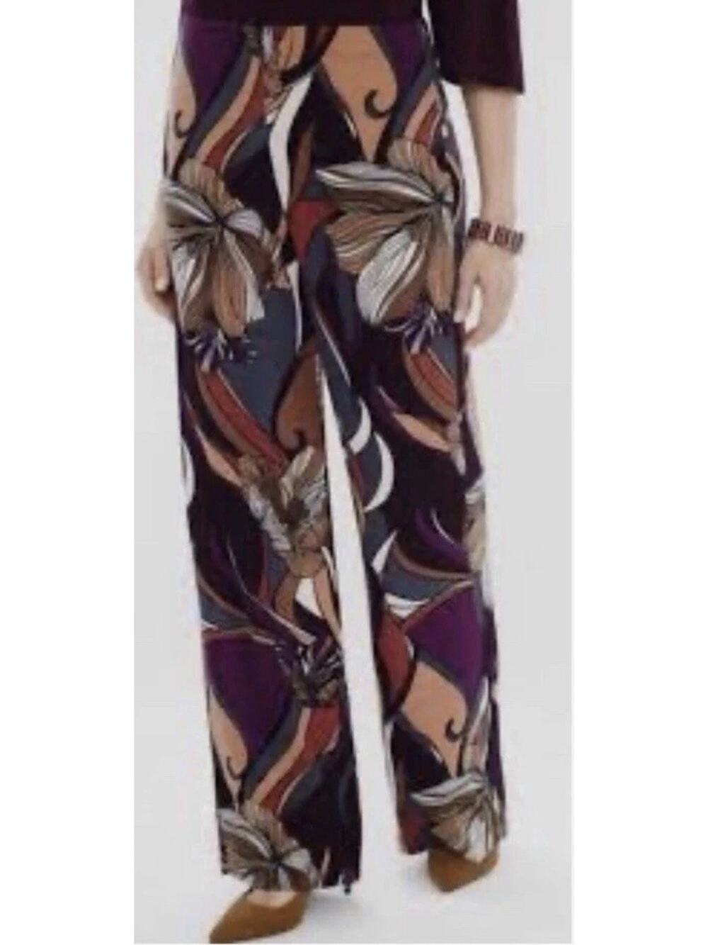 Chico's 2 women's large Travelers Floral Print Wide Leg Pants Stretchy bohemian - Picture 1 of 11